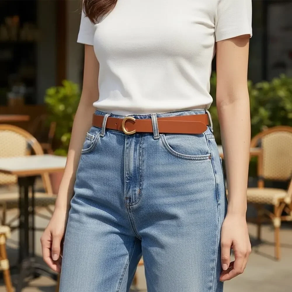 Camel Leather Gold C Buckle Belt